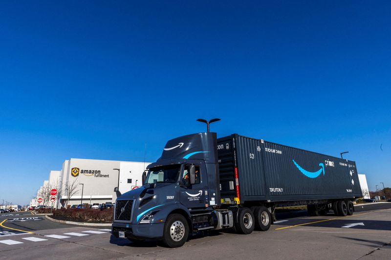 FILE PHOTO: A truck leaves Amazon's fulfillment center during Cyber Monday in Robbinsville, New Jersey, U.S. December 2, 2024.  REUTERS/Eduardo Munoz/File Photo