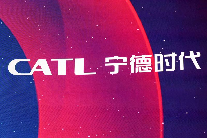 FILE PHOTO: A screen shows the logo of the Contemporary Amperex Technology (CATL) during the listing ceremony at the Hong Kong Stock Exchange in Hong Kong, China, May 20, 2025. REUTERS/Tyrone Siu/File Photo