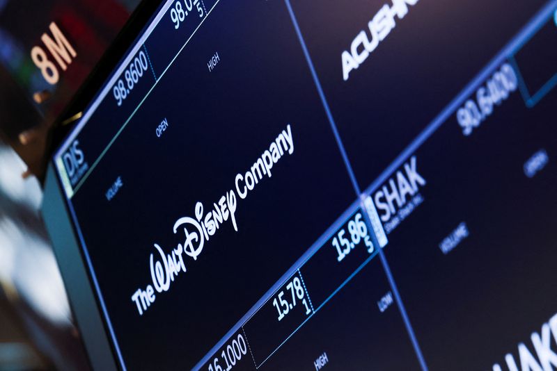 A screen shows the logo and a ticker symbol for The Walt Disney Company on the floor of the New York Stock Exchange (NYSE) in New York, U.S., March 21, 2025. REUTERS/Jeenah Moon/ File Photo