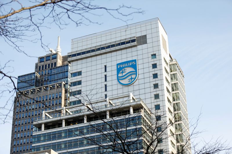 FILE PHOTO: Dutch technology company Philips. logo is seen at company headquarters in Amsterdam, Netherlands, January 29, 2019. REUTERS/Eva Plevier/ File Photo