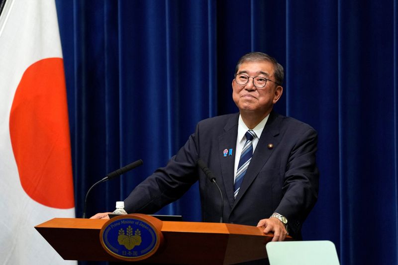 FILE PHOTO: Japanese Prime Minister Shigeru Ishiba holds a press conference as he announces his resignation, in Tokyo, Japan September 7, 2025.    Toru Hanai/Pool via REUTERS/File Photo