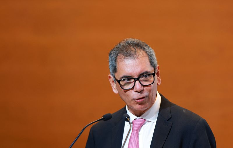 FILE PHOTO: Mexican Finance Minister Edgar Amador Zamora speaks as he delivers the 2026 proposed budget to the President of Chamber of Deputies, Kenia Lopez Rabadan at the Congress building in Mexico City, Mexico September 8, 2025. REUTERS/Raquel Cunha/File Photo