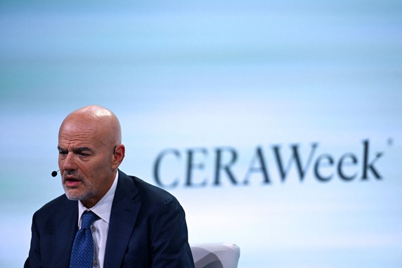 FILE PHOTO: ENI CEO Claudio Descalzi speaks on a panel during CERAWeek by S&P Global in Houston, Texas, U.S. March 19, 2024. REUTERS/Callaghan O'Hare/ File Photo