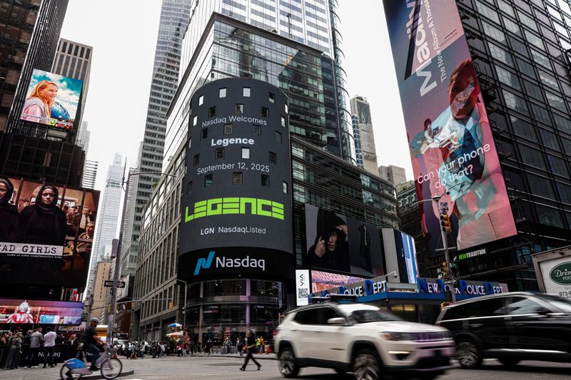 The Legence logo is displayed on a screen during the company’s IPO at the Nasdaq MarketSite in New York City, U.S., September 12, 2025. REUTERS/Jeenah Moon