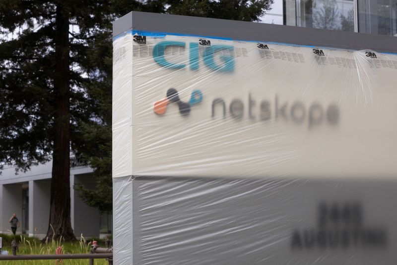 FILE PHOTO: A sign stands outside the building that houses the Netskope office in Santa Clara, California, U.S., September 9, 2025.  REUTERS/Manuel Orbegozo/File Photo