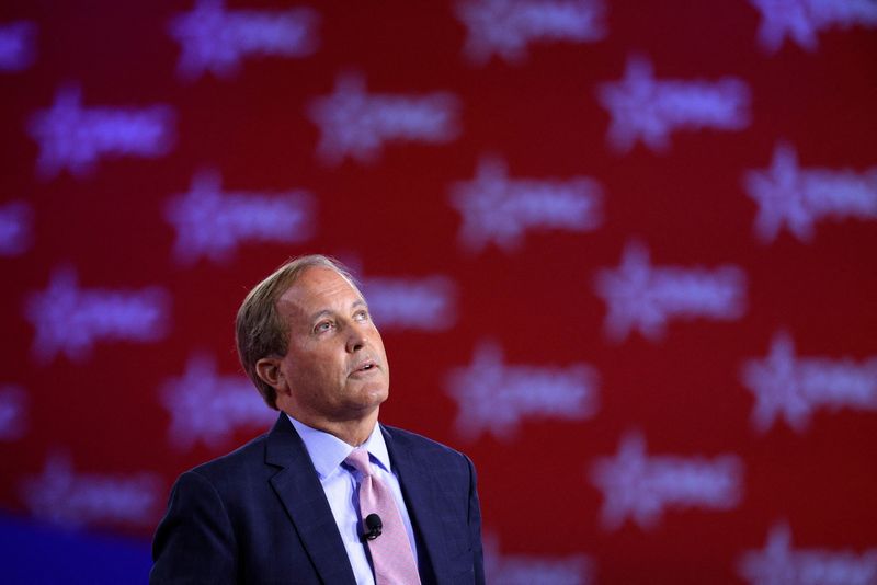FILE PHOTO: Texas Attorney General Ken Paxton speaks at the Conservative Political Action Conference (CPAC) in Dallas, Texas, U.S., August 5, 2022.  REUTERS/Brian Snyder/File Photo