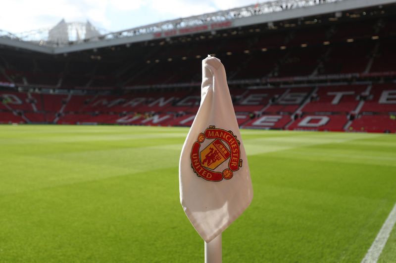 FILE PHOTO: Soccer Football - Europa League - Semi Final - Second Leg - Manchester United v Athletic Bilbao - Old Trafford, Manchester, Britain - May 8, 2025 General view of a corner flag with the Manchester United emblem on it inside the stadium before the match REUTERS/Scott Heppell/ File Photo