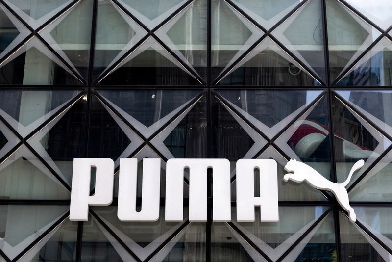 FILE PHOTO: A view of a logo at the Puma flagship store in New York City, U.S., July 16, 2025. REUTERS/Kylie Cooper/File Photo