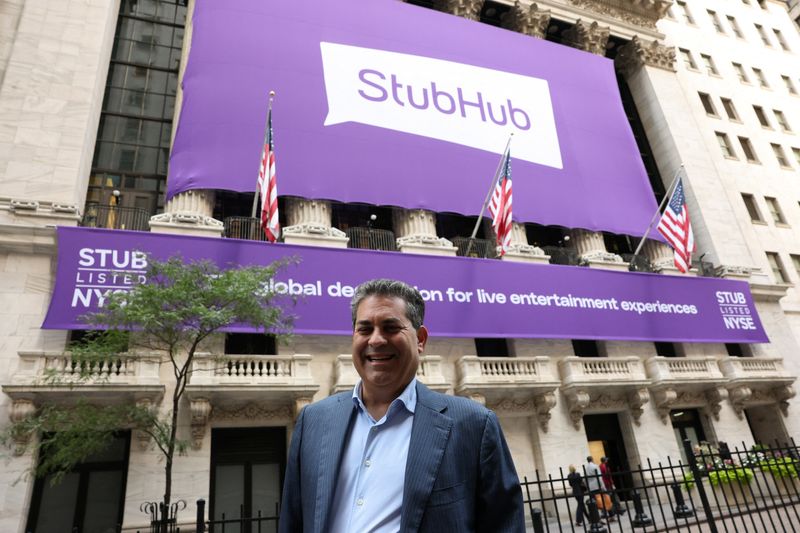 Eric Baker, co-founder and CEO of ticket reseller StubHub, poses outside the New York Stock Exchange (NYSE) in New York City, U.S., September 17, 2025. REUTERS/Brendan McDermid