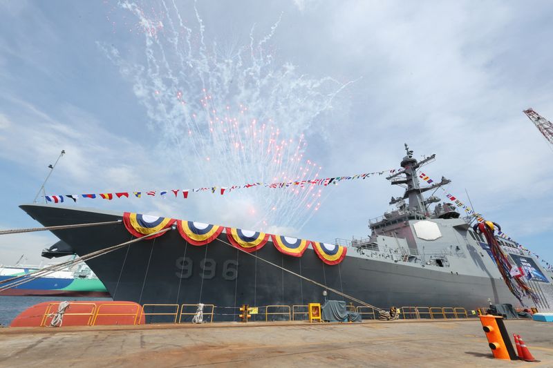 South Korean Navy's next-generation Aegis destroyer Dasan Jeong Yak-yong is anchored during its launch ceremony held by HD Hyundai Heavy Industries, in Ulsan, South Korea, September 18, 2025.   Yonhap via REUTERS