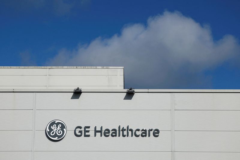 FILE PHOTO: The logo of GE Healthcare is seen on their plant in the IDA (Industrial Development Agency) estate, in Carrigtwohill, County Cork, Ireland March 28, 2025. REUTERS/Clodagh Kilcoyne/File Photo