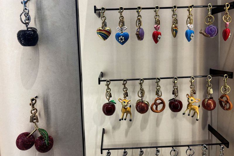 Coach bag charms, which retails between $55-$295, are displayed at Coach's Fifth Avenue store in New York City, U.S. September 9, 2025. REUTERS/Sami Marshak