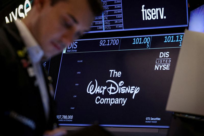 FILE PHOTO: A screen shows the trading information and company logo for The Walt Disney company on the floor at the New York Stock Exchange (NYSE) in New York City, U.S., May 7, 2025.  REUTERS/Brendan McDermid/File Photo