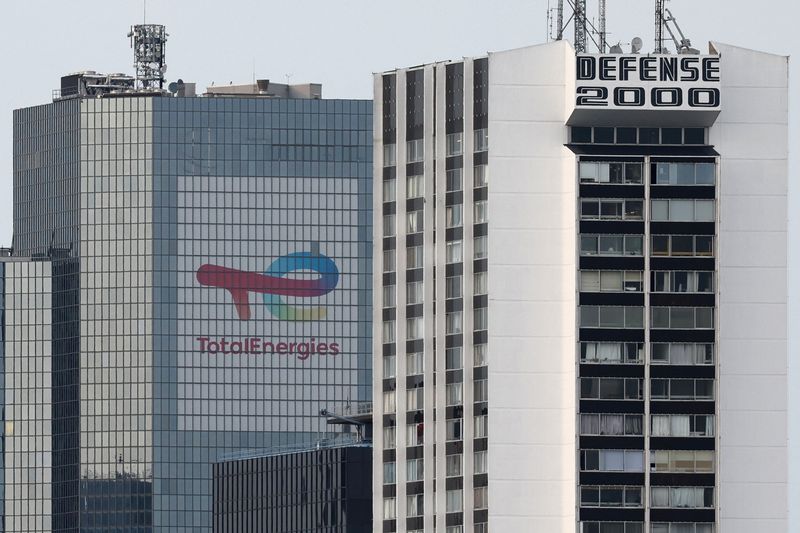 File Photo: The TotalEnergies logo sits on the company's headquarters skyscraper in the La Defense business district near Paris, France, June 26, 2023. REUTERS/Stephanie Lecocq/ File Photo