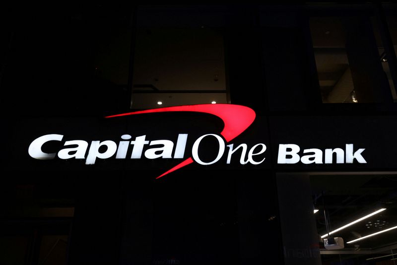 FILE PHOTO: Signage is seen outside a Capital One Bank in Manhattan, New York, U.S., November 12, 2021. REUTERS/Andrew Kelly/File Photo