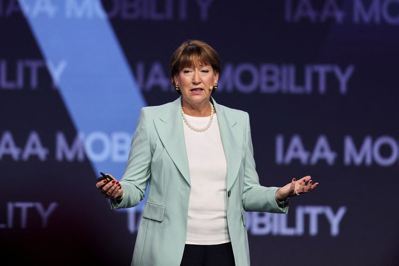 FILE PHOTO: Hildegard Mueller, President of the German Association of the Automotive Industry, speaks during an event at the 2023 Munich Auto Show IAA Mobility, in Munich, Germany, September 5, 2023. REUTERS/Leonhard Simon/File Photo