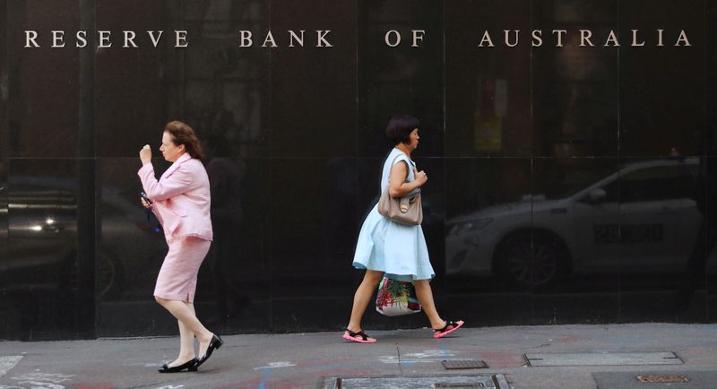 FILE PHOTO: Two women walk next to the Reserve Bank of Australia headquarters in central Sydney, Australia February 6, 2018. REUTERS/Daniel Munoz/File Photo