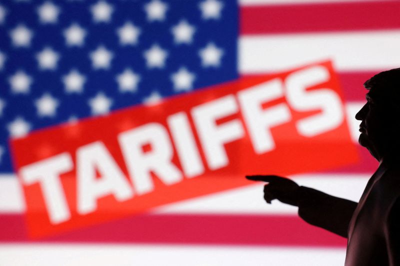 FILE PHOTO: A 3D-printed miniature model depicting U.S. President Donald Trump, U.S. flag and word "Tariffs" in this illustration created on April 17, 2025. REUTERS/Dado Ruvic/Illustration/File Photo