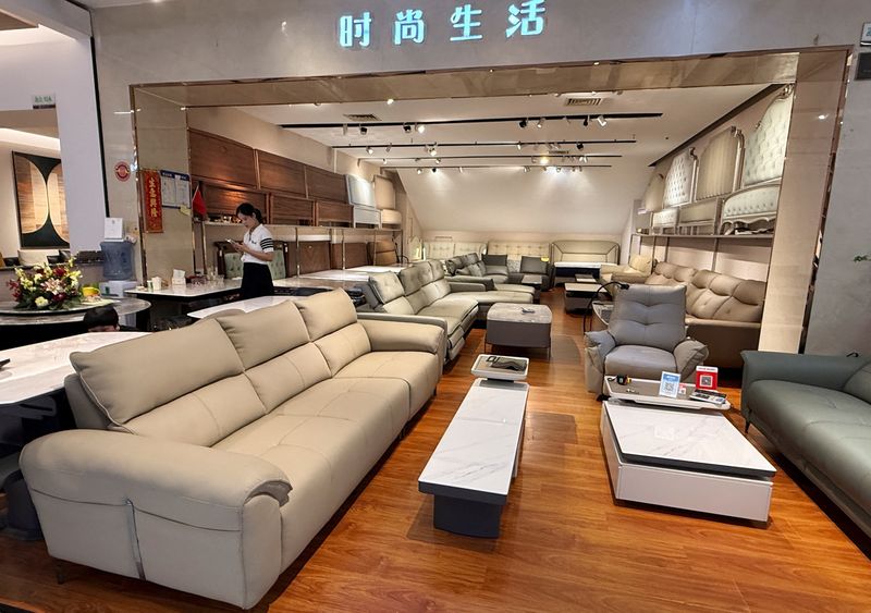 Sofas and tables are displayed inside a furniture mall in Lecong town, Foshan, Guangdong province, China September 26, 2025. REUTERS/David Kirton