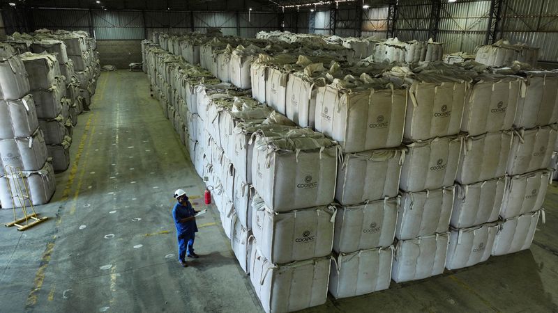 FILE PHOTO: A drone view shows a worker checking super sacks with coffee beans at a farmers' cooperative warehouse in Franca, Brazil, August 1, 2025. REUTERS/Joel Silva/File Photo