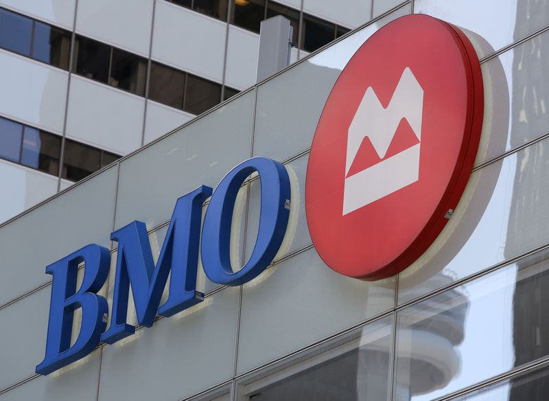 FILE PHOTO: The logo of the Bank of Montreal (BMO) is seen on their flagship location on Bay Street in Toronto, Ontario, Canada March 16, 2017. Picture taken March 16, 2017.   REUTERS/Chris Helgren/File Photo