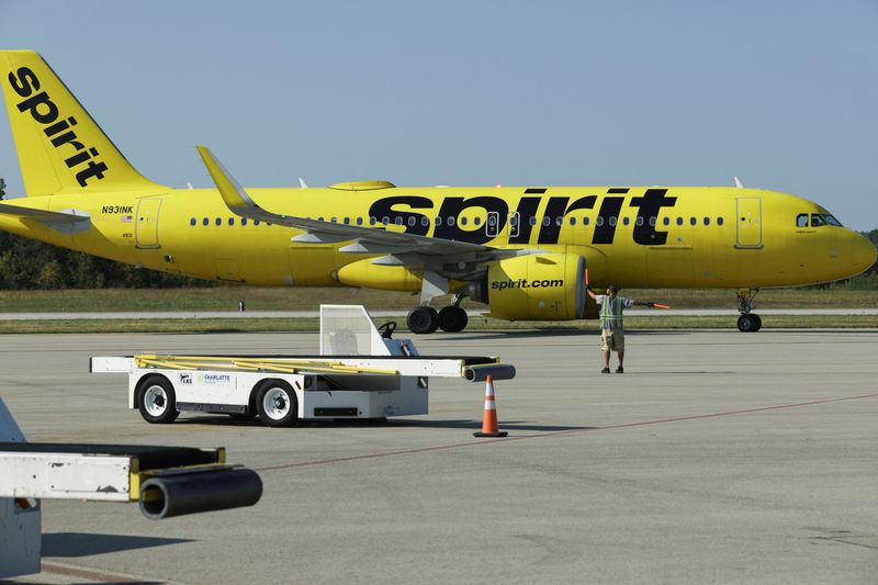 FILE PHOTO: A Spirit Airlines flight arrives at Arnold Palmer Regional Airport in Westmoreland County, Pennsylvania, U.S., September 18, 2025.  REUTERS/Quinn Glabicki/File Photo