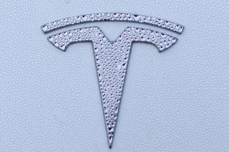 FILE PHOTO: A Tesla logo is shown on a Model Y vehicle in Encinitas, California, U.S.,October 20, 2023.     REUTERS/Mike Blake/File Photo