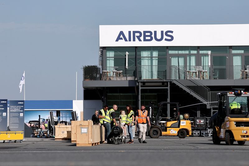 An Airbus logo is seen before the opening of the 55th International Paris Airshow at Le Bourget Airport near Paris, France, June 13, 2025. REUTERS/Benoit Tessier