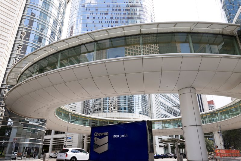 FILE PHOTO: A Chevron logo outside the Chevron building in Houston, Texas, U.S. August 19, 2025. REUTERS/Kaylee Greenlee/File Photo