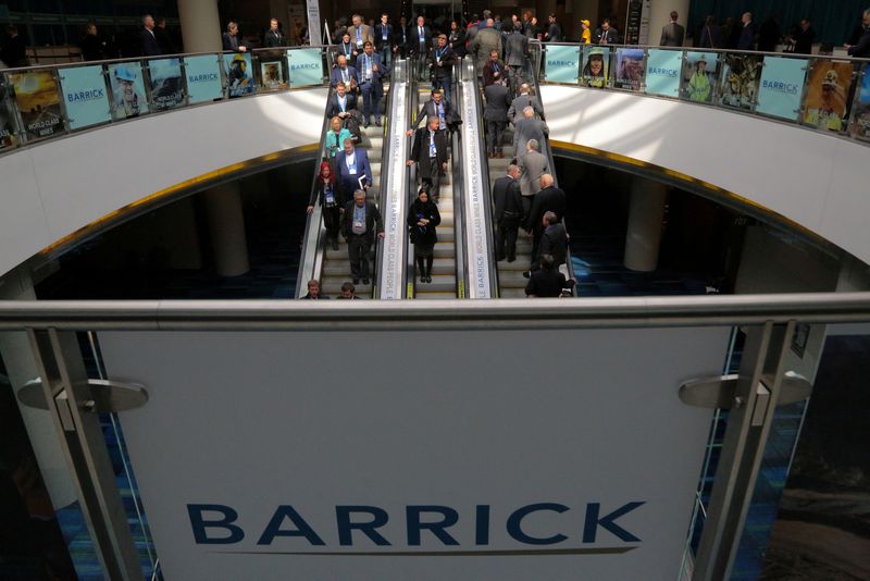 FILE PHOTO: The logo of sponsor Barrick Gold Corporation is seen as visitors arrive at the Prospectors and Developers Association of Canada (PDAC) annual convention in Toronto, Ontario, Canada March 4, 2019. REUTERS/Chris Helgren/File Photo