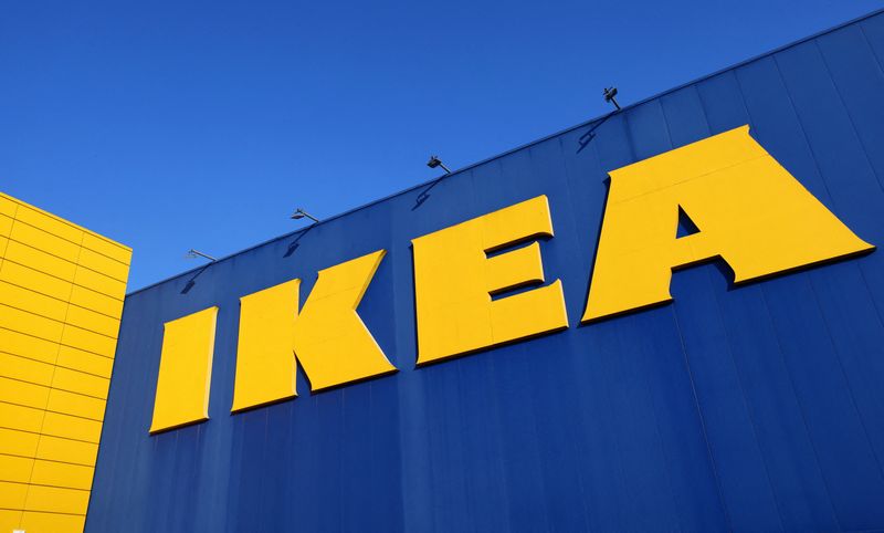 The IKEA logo is seen outside an IKEA furniture store in Brussels, Belgium June 13, 2023. REUTERS/Yves Herman