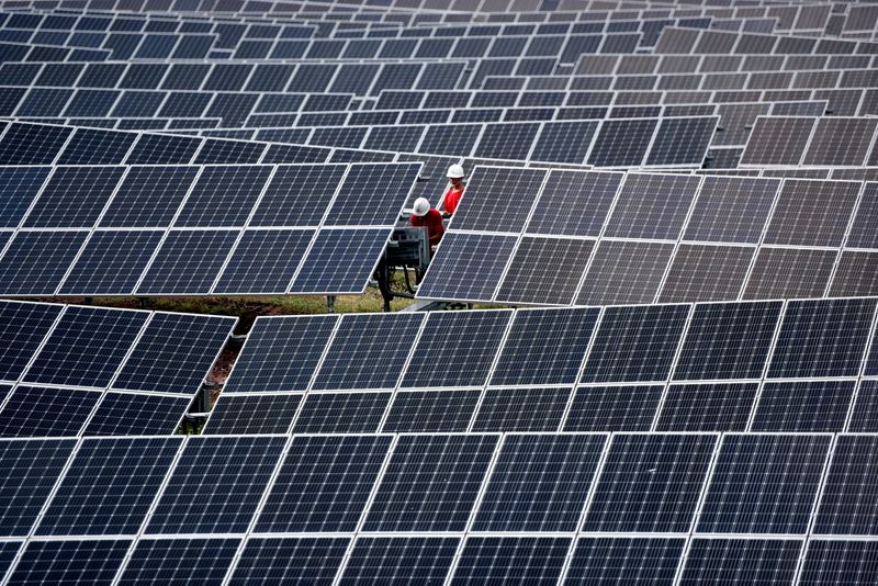 Workers inspect solar panels at a photovoltaic power station on a hill in Linyi, Shandong province, China August 11, 2018. Picture taken August 11, 2018. REUTERS/Stringer