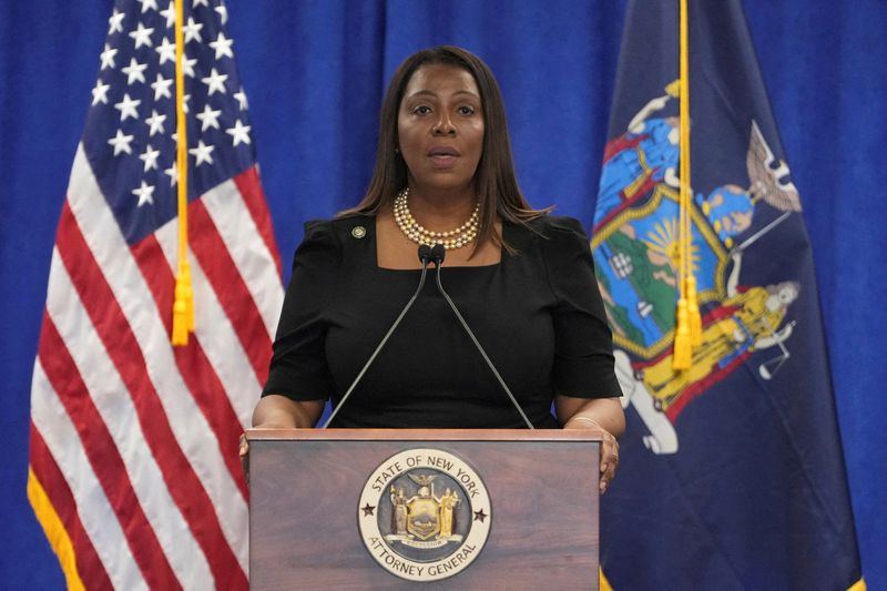 FILE PHOTO: New York Attorney General Letitia James speaks during a press conference following a ruling against former U.S. President Donald Trump ordering him to pay $354.9 million and barring him from doing business in New York State for three years, in the Manhattan borough of New York City, U.S., February 16, 2024. REUTERS/David Dee Delgado/File Photo