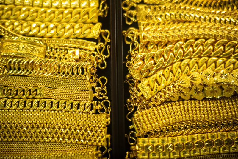 Gold bracelets are displayed inside a gold shop in Bangkok's Chinatown, Thailand, October 9, 2025. REUTERS/Athit Perawongmetha