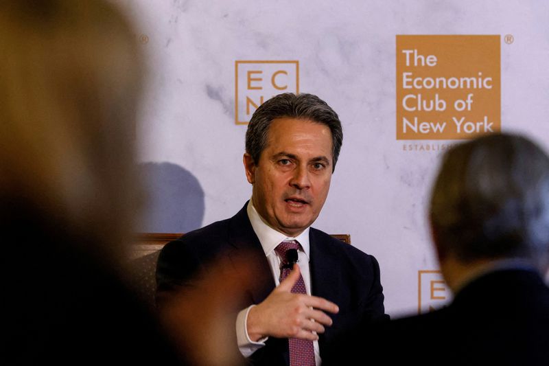 FILE PHOTO: St. Louis Federal Reserve President Alberto Musalem speaks to the Economic Club of New York, in New York City, U.S., February 20, 2025. REUTERS/Brendan McDermid/File Photo