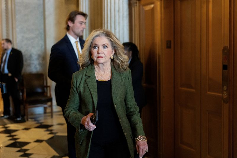 U.S. Sen. Marsha Blackburn (R-TN) walks to the elevator after the Senate was scheduled to vote on the nomination of Robert F. Kennedy Jr., to be U.S. secretary of Health and Human Services, on Capitol Hill in Washington, D.C., U.S., February 13, 2025. REUTERS/Tierney L. Cross