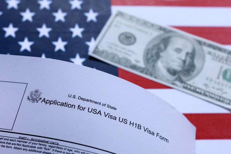 U.S. flag, mock passport, 100 dollar banknote and H-1B visa application form are seen in this illustration taken September 26, 2025. REUTERS/Dado Ruvic/Illustration