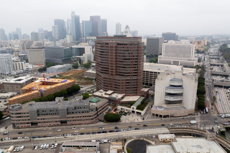 A drone view shows the Edward R. Roybal Federal Building and other federal property following protests against federal immigration sweeps in Los Angeles, California, U.S. June 10, 2025.  REUTERS/David Ryder