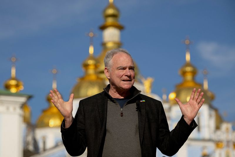 FILE PHOTO: U.S. Senator Tim Kaine (D-VA) speaks to members of the media in front of Saint Michael's Cathedral, amid Russia's attack on Ukraine, in Kyiv, Ukraine April 14, 2025.  REUTERS/Thomas Peter/File Photo