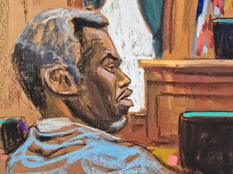 Sean "Diddy" Combs listens as U.S. District Judge Arun Subramanian addresses a juror issue during Combs' sex trafficking trial in New York City, New York, U.S., June 16, 2025 in this courtroom sketch. REUTERS/Jane Rosenberg