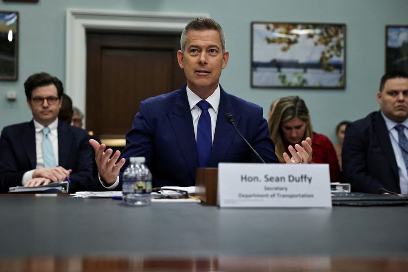 FILE PHOTO: U.S. Transportation Secretary Sean Duffy testifies before a House Appropriations Transportation, Housing and Urban Development, and Related Agencies Subcommittee hearing on the Department of Transportation budget, on Capitol Hill in Washington, D.C., U.S., May 14, 2025. REUTERS/Anna Rose Layden/File Photo