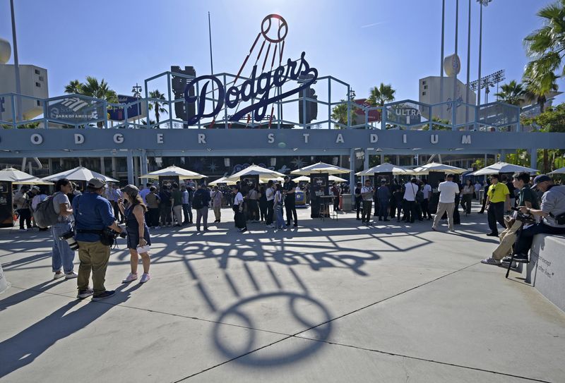 Oct 24, 2024; Los Angeles, CA, USA;  General view of the centerfield plaza during media prior to game one of the World Series between the Los Angeles Dodgers and the New York Yankees at Dodger Stadium. Mandatory Credit: Jayne Kamin-Oncea-Imagn Images/File Photo