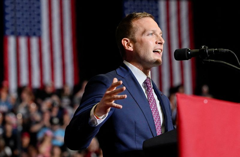 U.S. Republican congressional candidate Max Miller speaks during former U.S. president Donald Trump's rally in Youngstown, Ohio, U.S., September 17, 2022.  REUTERS/Gaelen Morse/File Photo