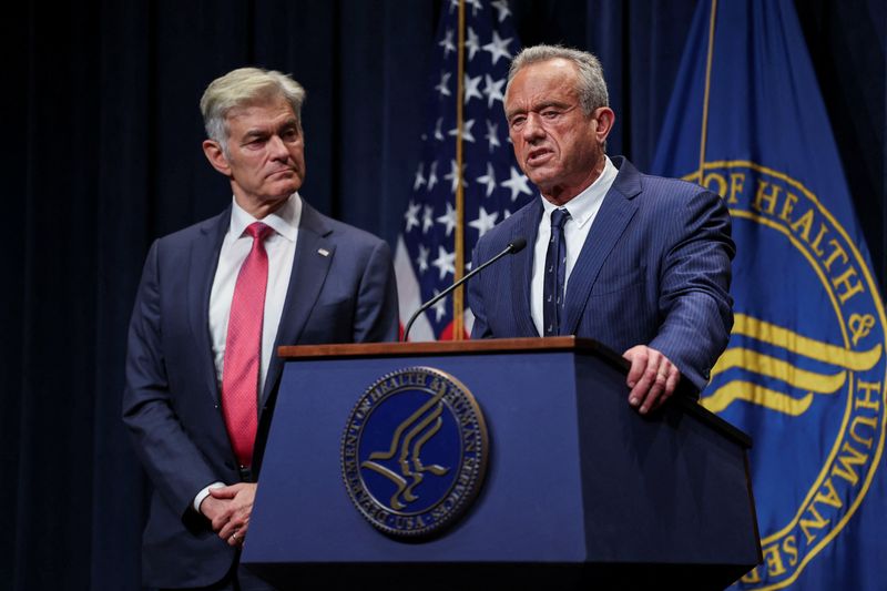 U.S. Health and Human Services (HHS) Secretary Robert F. Kennedy Jr. speaks as he and Centers for Medicare and Medicaid Services Administrator Mehmet Oz attend a press conference to discuss health insurance reform, at the Department of Health and Human Services in Washington, D.C., U.S., June 23, 2025. REUTERS/Kevin Mohatt