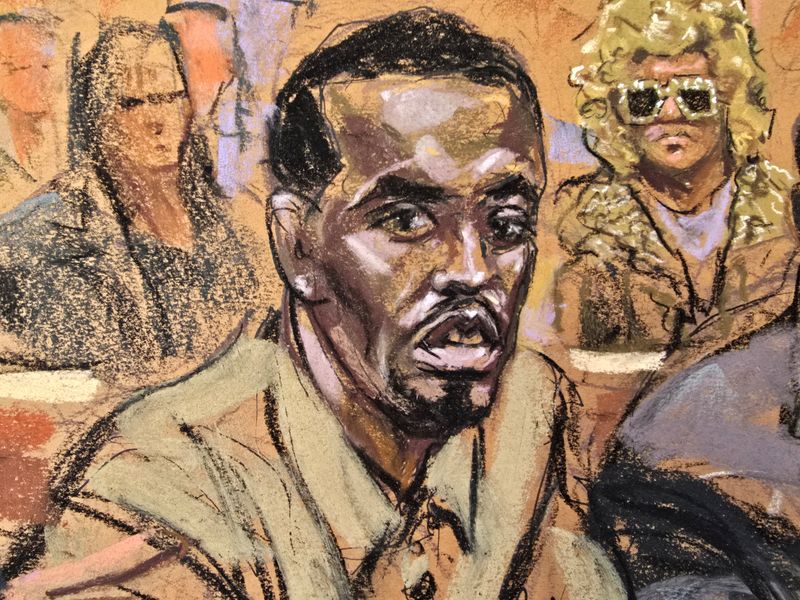 Sean 'Diddy' Combs', with his mom seated in the back, attends a hearing in federal court in the Manhattan borough of New York City, U.S., October 10, 2024 in this courtroom sketch. REUTERS/Jane Rosenberg