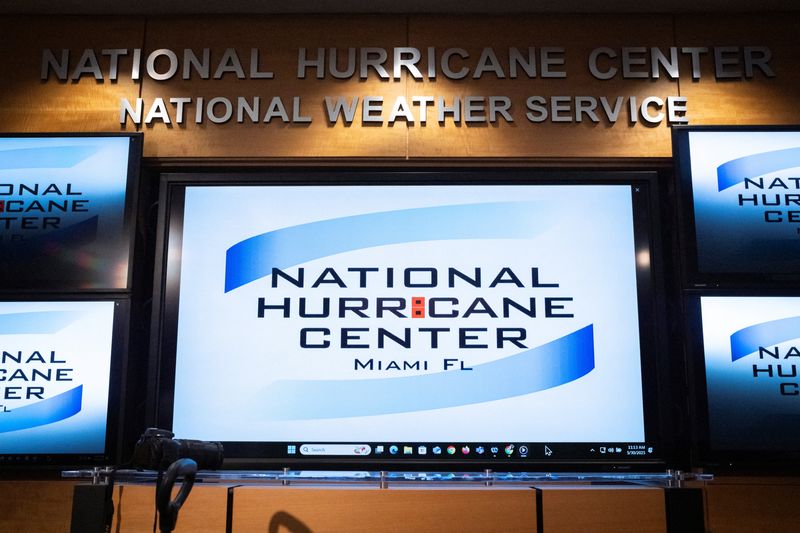 Monitors are pictured at the National Hurricane Center (NHC) during a news conference in Miami, Florida, U.S. May 30, 2025. REUTERS/Marco Bello