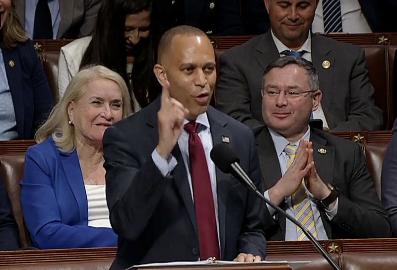 U.S. House Minority Leader Hakeem Jeffries (D-NY) delivers a marathon speech in opposition to U.S. President Donald Trump's massive tax-cut and spending bill,  ahead of a vote on final passage of the legislation in the House of Representatives inside the House Chamber of the U.S. Capitol, in this still image from video in Washington, D.C., U.S., July 3, 2025. U.S. House TV/Handout via Reuters