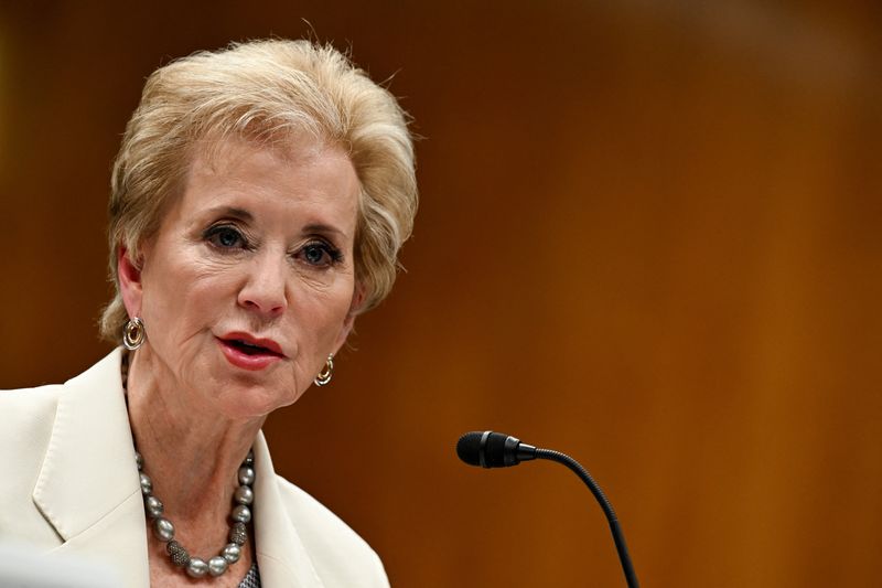 FILE PHOTO: U.S. Secretary of Education Linda McMahon testifies before a Senate Appropriations hearing on U.S. President Donald Trump's budget request for the Department of Education, on Capitol Hill in Washington, D.C., U.S., June 3, 2025. REUTERS/Annabelle Gordon/File Photo