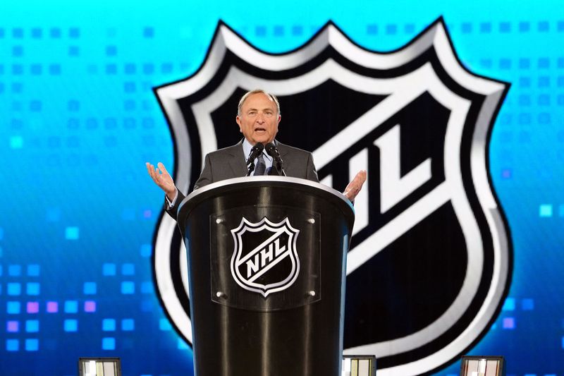 FILE PHOTO: Jun 28, 2024; Las Vegas, Nevada, USA; NHL Commissioner Gary Bettman welcomes fans to the 2024 NHL Draft at The Sphere. Mandatory Credit: Stephen R. Sylvanie-USA TODAY Sports/File Photo