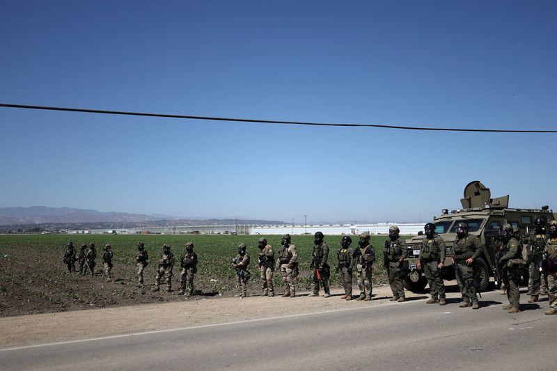 U.S. federal agents block a road leading to an agricultural facility where U.S. federal agents and immigration officers conducted an operation, in Camarillo, California, U.S., July 10, 2025. REUTERS/Daniel Cole